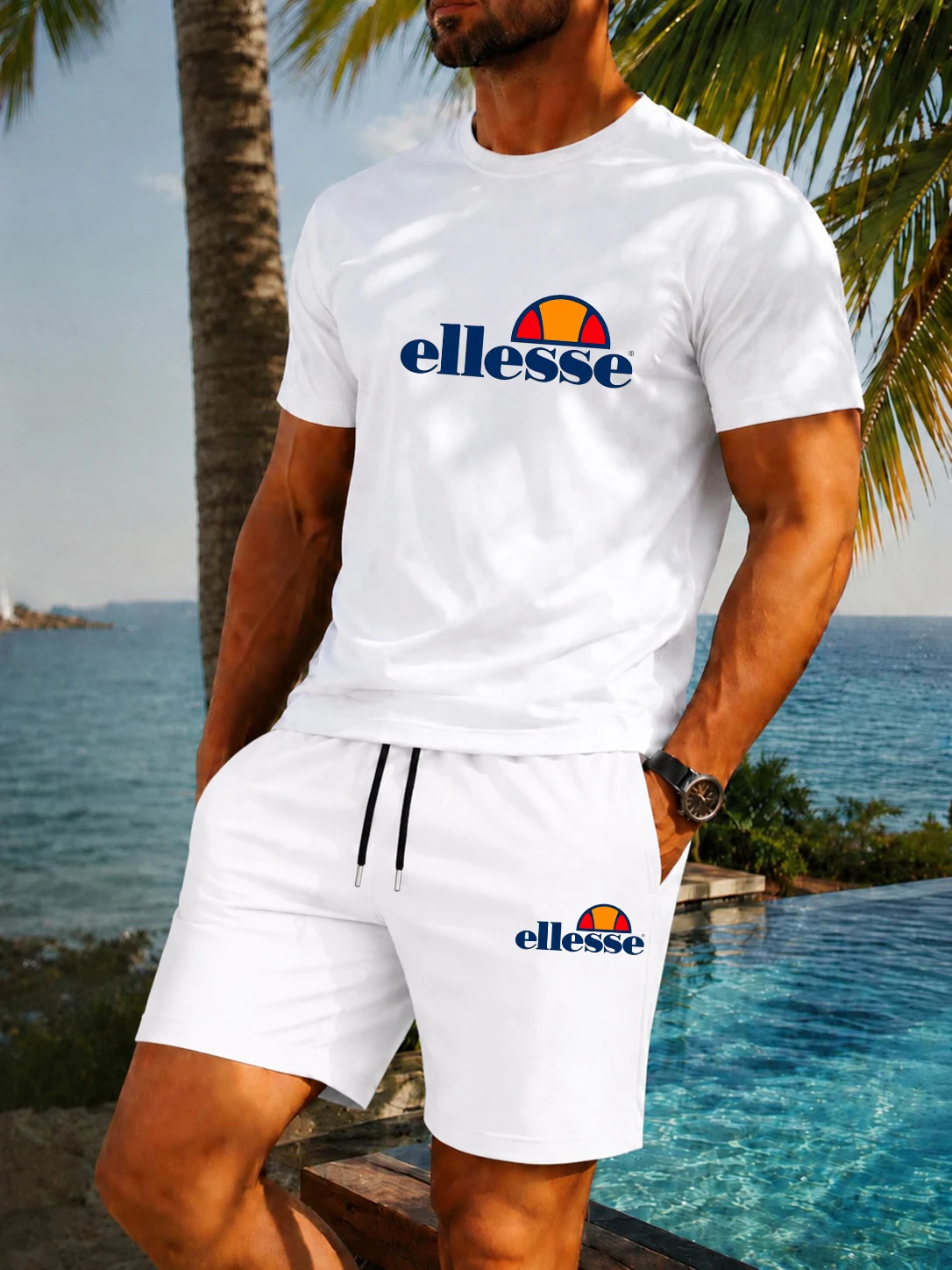 Mens Fashion Ideas - 新作夏物カジュアル＆ファッショナブルなメンズクラシックラウンドネック通気性Tシャツとショートパンツのアウトドアフィットネス2点セット