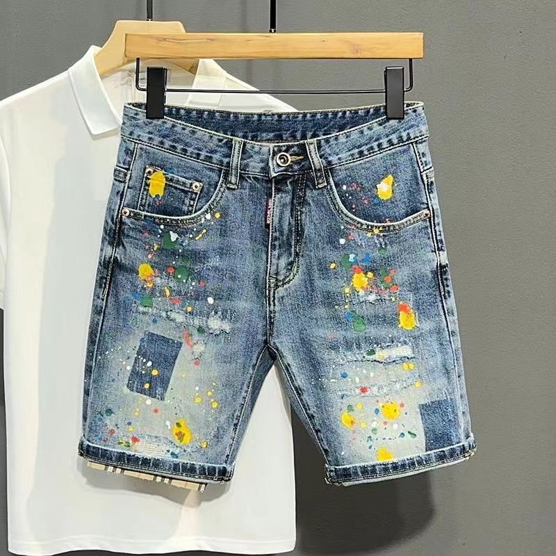 Men Fashion Jeans - メンズショートジーンズパンツグラフィティスリムブルーリッピング男性デニムショーツ失礼レトロ夏薄いストレッチ韓国ファッションストリートXL