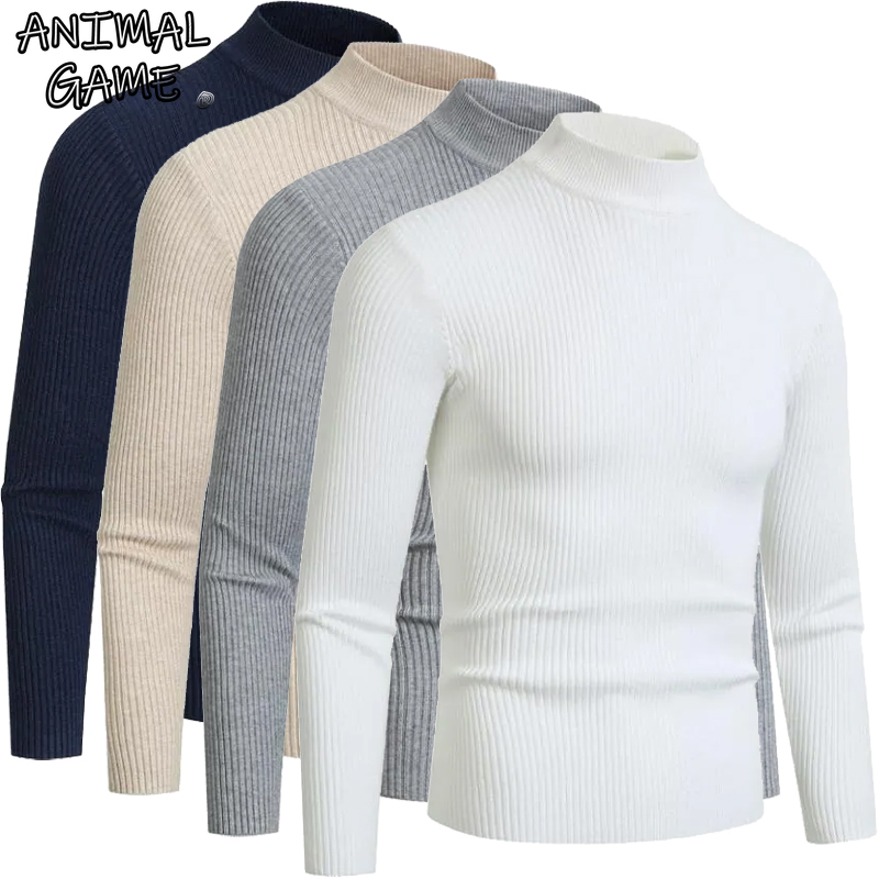 Turtleneck Sweater Men - アニマルゲーム秋メンズモックネックセーター長袖タートルネックプルオーバーセーター冬暖かいストライプベーシックニットコールドブラウス