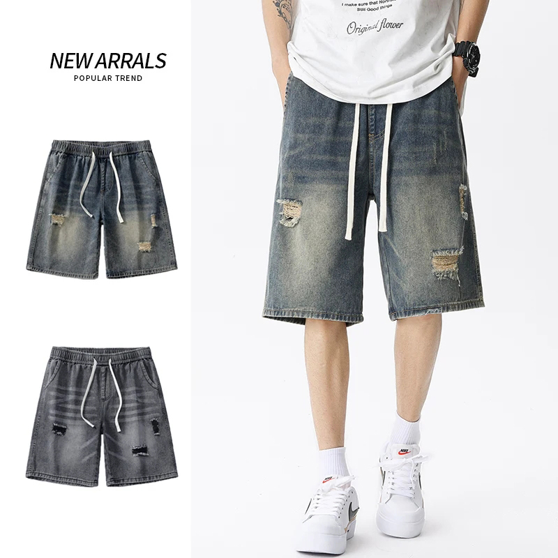 Men Fashion Jeans - メンズデニムジーンズ,レトロなストリートウェア,ブルー,グレー,ストレッチ,ストレート,ルーズ,ファッショナブル,カジュアル,夏