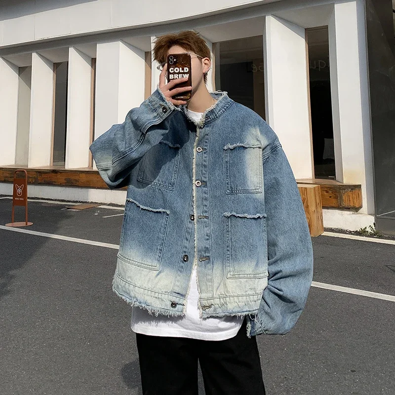 Men'S Fashion Linen Pants - アメリカンレトロヒップホップローエッジデニムジャケットメンズ2026春新作ヒップホップパッチワークストリートウェアファッションルーズジーンズジャケットメンズ