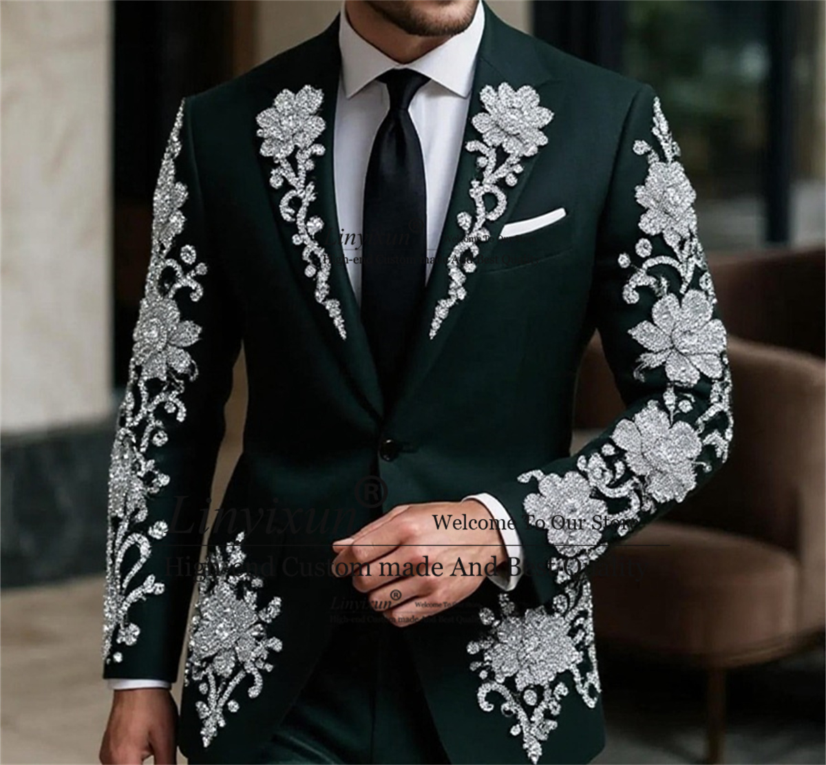 Mens Fashion Trajes - ファッションクリスタルフローラルメンズスーツ 結婚式用 2ピースセット 男性用プロムブレザー キラキラ輝くダイヤモンドビーズ付きスーツ 男性用
