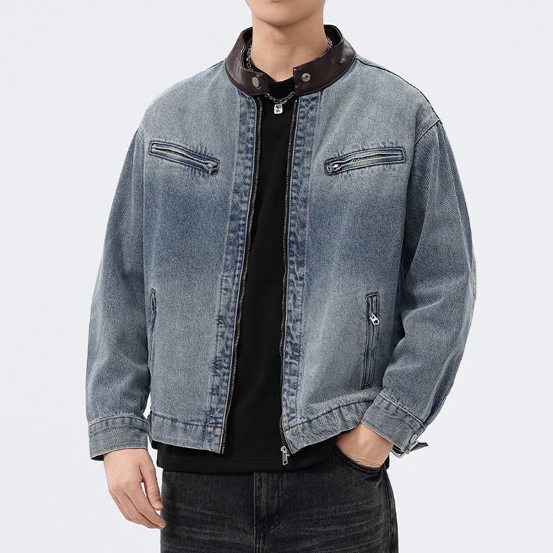 Men'S Fashion Linen Pants - スタンドレザーカラーデニムジャケット男性ファッションヴィンテージルーズカジュアルウォッシュコットンジーンズオートバイジャケット男性春秋コート