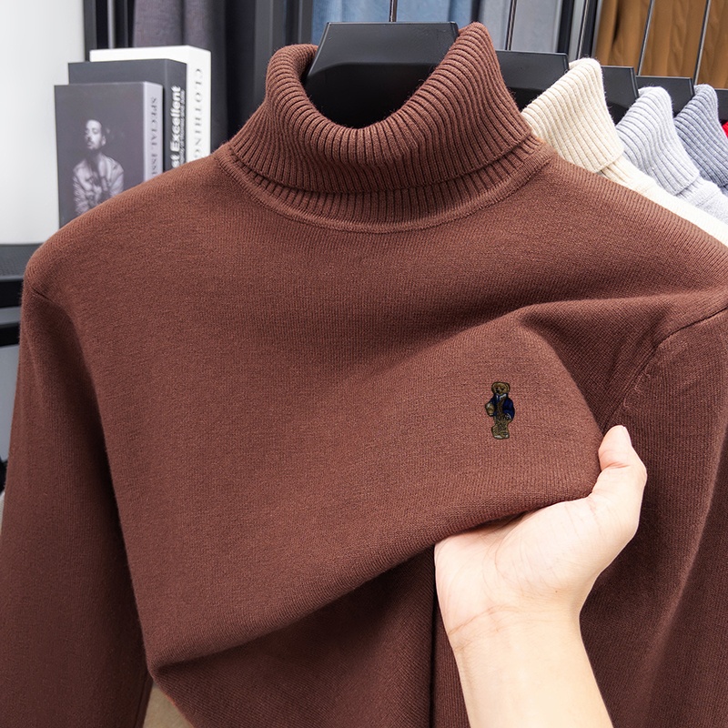 Turtleneck Sweater Men - ホットブランド高級男性長袖ニットウェアクマ刺繍ダブルカラー春英国スタイルセータートレンドファッションメンズ衣類
