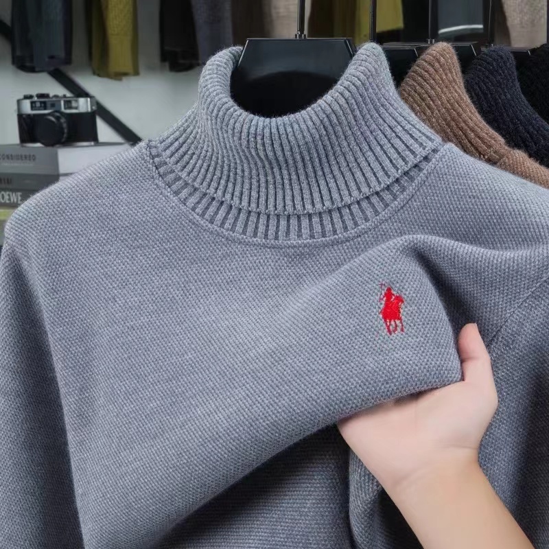 Turtleneck Sweater Men - ハイエンドブランドベルベットセーターメンズ新しいファッションデザイナー絶妙なポニーゴルフ刺繍冬暖かいハイネックニットプルオーバー