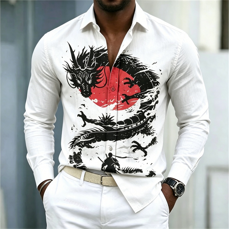 Mens Fashion Style - 2026年新作 メンズシャツ 白黒赤のコントラスト ドラゴン柄シャツ ストリートスタイル ファッション