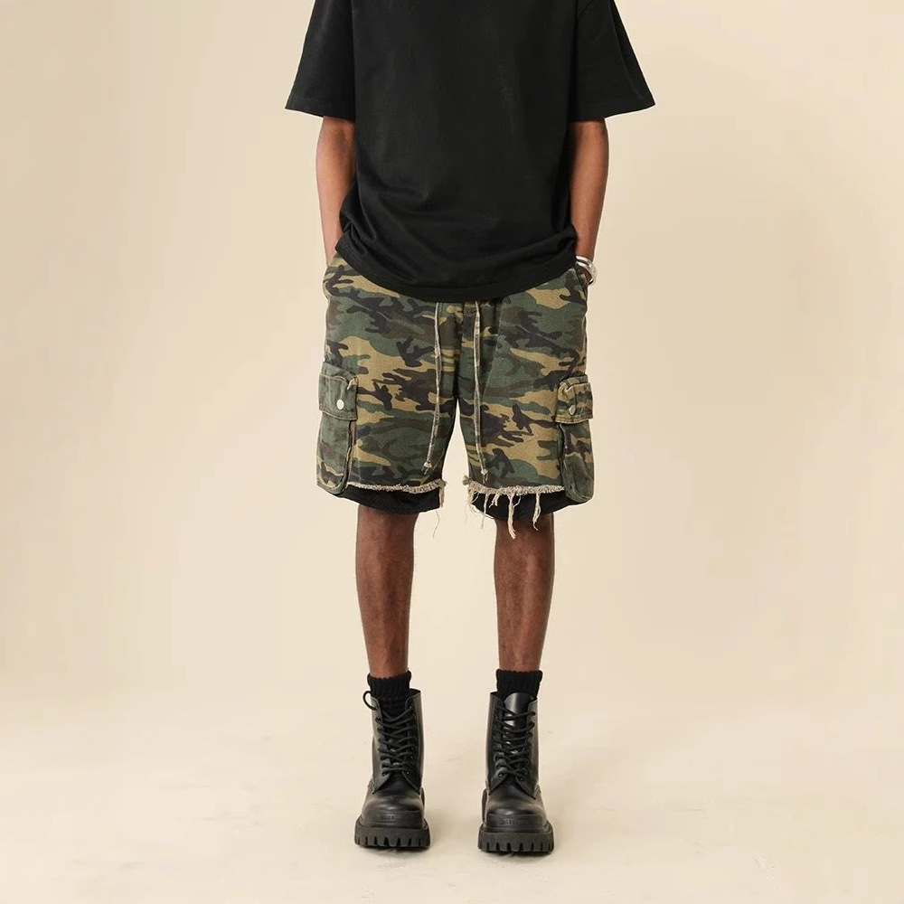 Men Fashion Jeans - アメリカンストリートウェア ローエッジ ウォッシュド ヴィンテージ カモフラージュショーツ リラックスフィット
