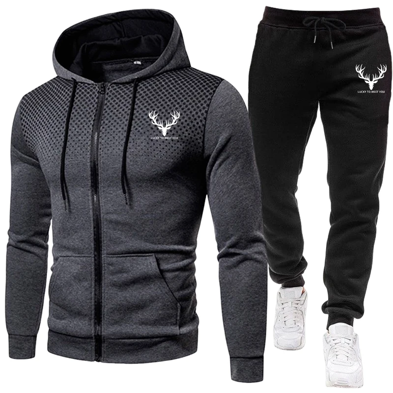 Mens Fashion Zip Up - 2026新作 メンズセット ジップアップパーカーと黒のスウェットパンツ 秋冬 デイリーカジュアルファッション スポーツウェア