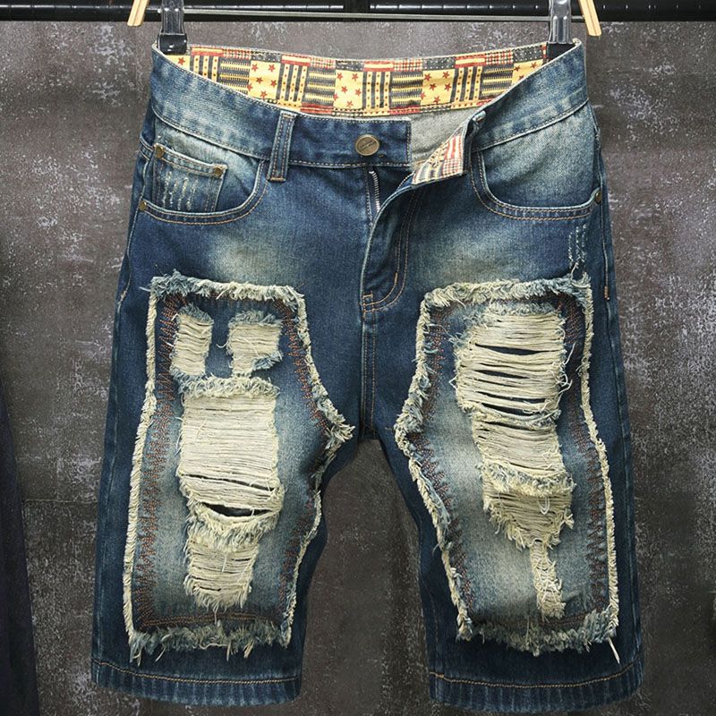 Men Fashion Jeans - 新しい欧米風ダメージ加工刺繍パッチ付き5インチ丈ジーンズメンズショートパンツカジュアルルーズストレートミッドレングスパンツ