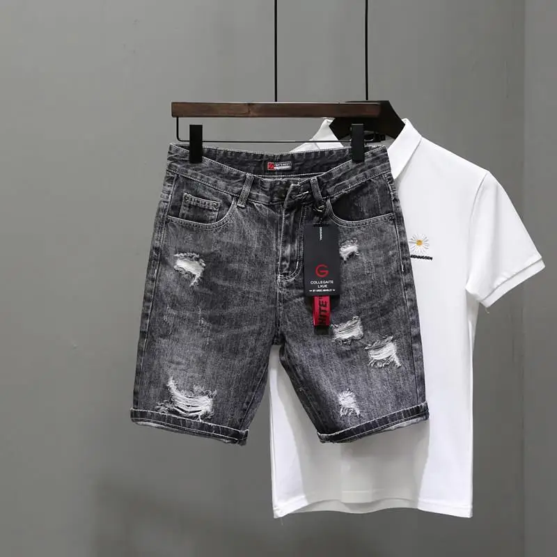 Men Fashion Jeans - メンズデニムショーツ,黒とグレーのデニムパンツ,伸縮性,ジッパー付き,デザイナーボタン,新品,オリジナル