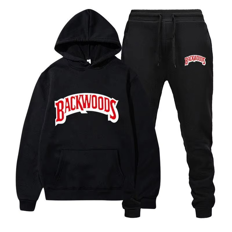 Mens Fashion Style - 2026年冬用フーディセット メンズファッション フリース レッドフーディ ブラックブランドパンツ カジュアルジョガースーツ