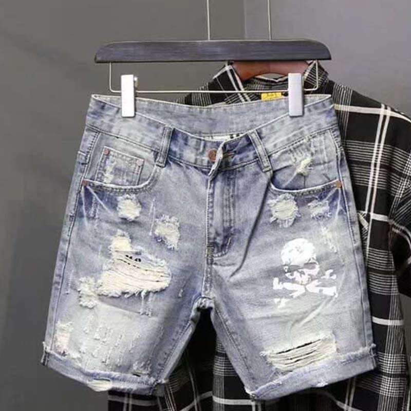 Men'S Fashion Linen Pants - メンズの穴のある伸縮性のあるサマージーンズ,フィットしたファッショナブルな韓国スタイルのストリートウェア,デニムショーツ