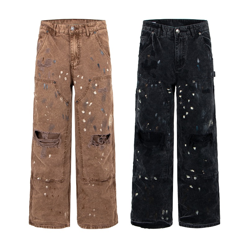 Men'S Fashion Linen Pants - アメリカンレトロハイストリートリップドワイドレッグデニムパンツ男性用ファッションY2kヴィンテージメンズバギージーンズ日本韓国ストリートウェア
