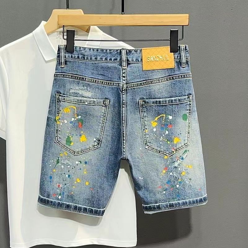 メンズショートジーンズパンツグラフィティスリムブルーリッピン - Men Fashion Jeans のレビューと価格