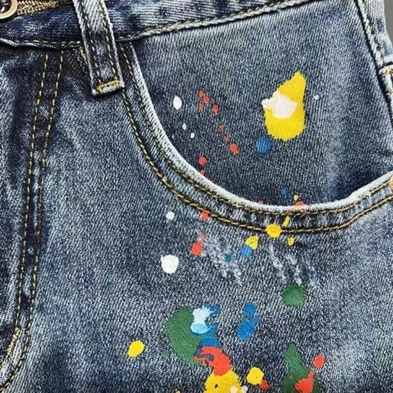 メンズショートジーンズパンツグラフィティスリムブルーリッピン - Men Fashion Jeans のレビューと価格