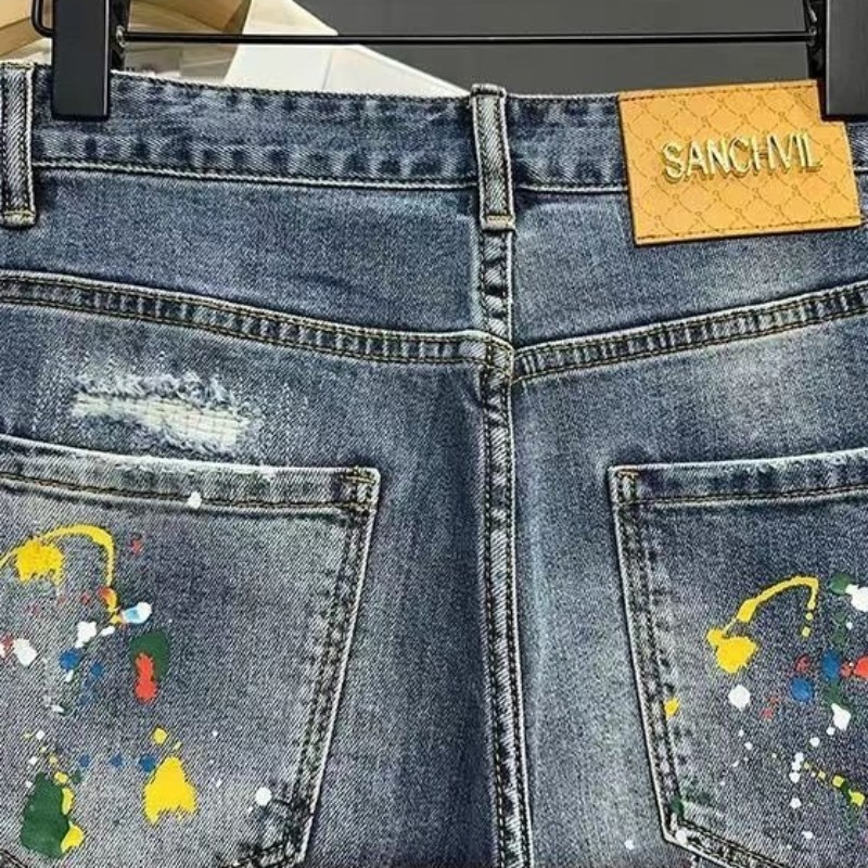 メンズショートジーンズパンツグラフィティスリムブルーリッピン - Men Fashion Jeans のレビューと価格