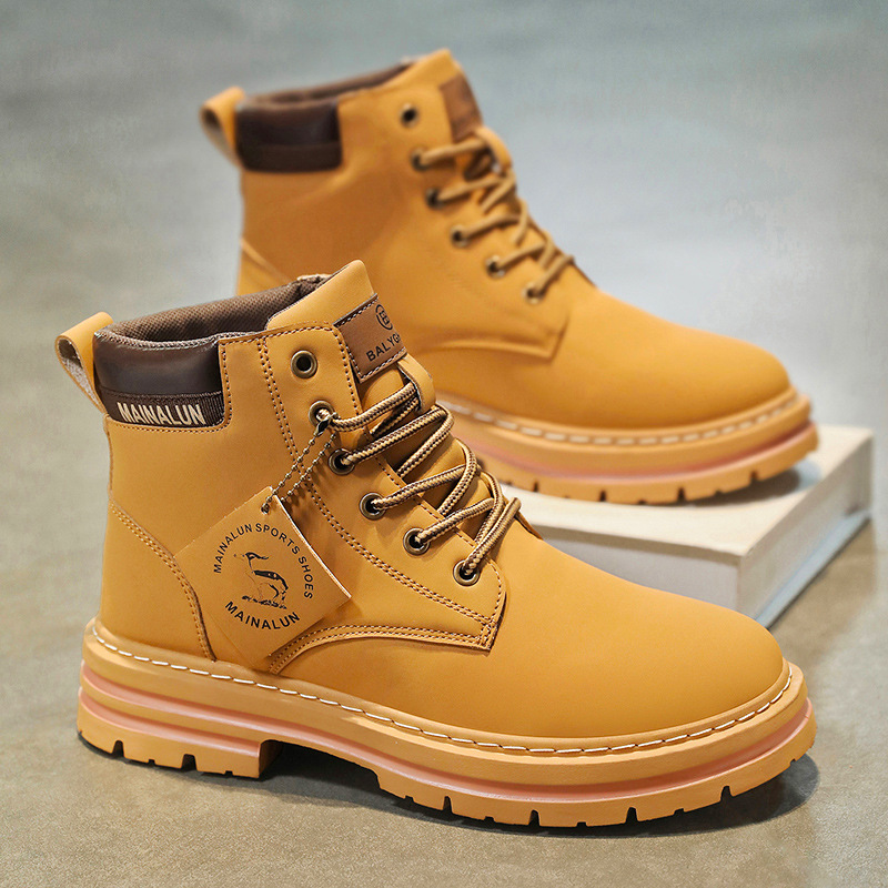 クラシックメンズハイカットブーツ高品質イエローレザーブーツフ - Fashion Men'S Boots のレビューと価格