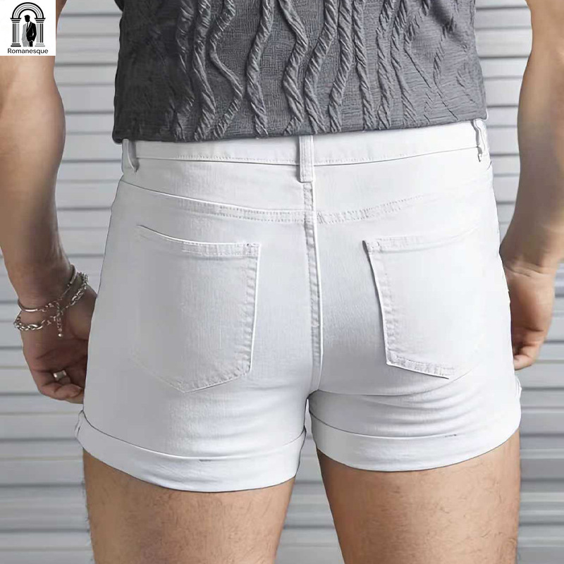 メンズセクシーなスリムフィットホワイトデニムショーツ、ロール - Men Fashion Jeans のレビューと価格