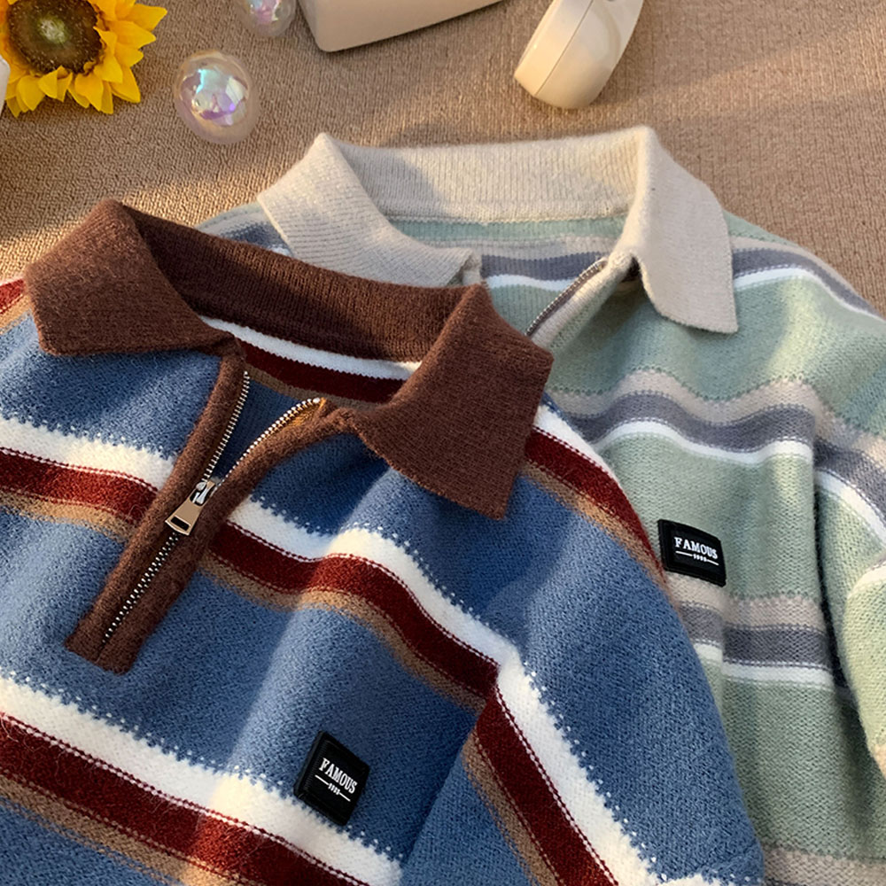 日本メンズ Y2K ニット暖かいポロニットストライプタートル - Turtleneck Sweater Men のレビューと価格
