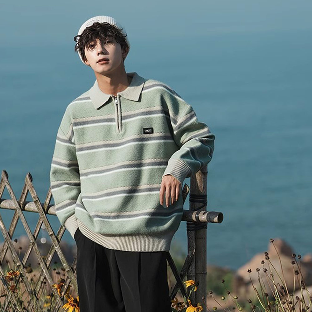日本メンズ Y2K ニット暖かいポロニットストライプタートル - Turtleneck Sweater Men のレビューと価格