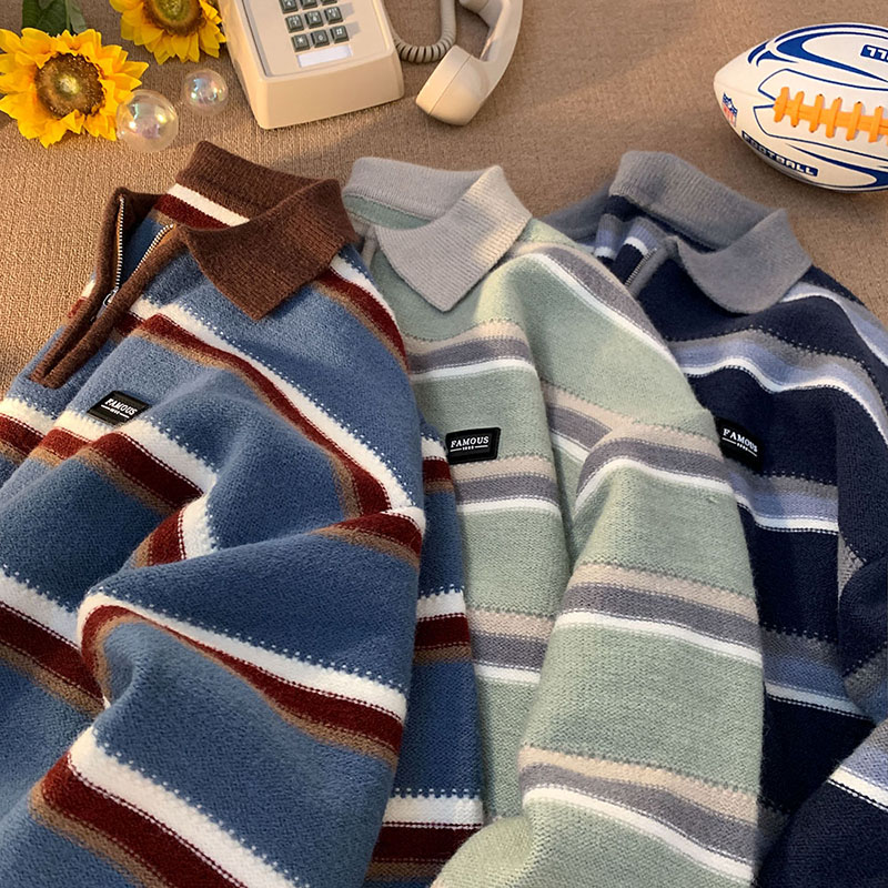 日本メンズ Y2K ニット暖かいポロニットストライプタートル - Turtleneck Sweater Men のレビューと価格