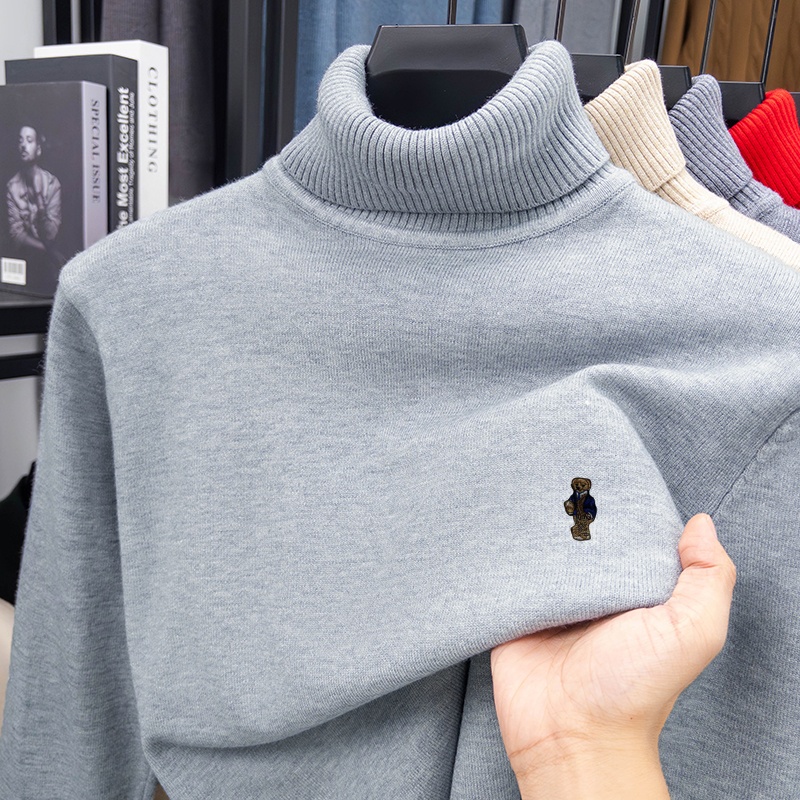ホットブランド高級男性長袖ニットウェアクマ刺繍ダブルカラー春 - Turtleneck Sweater Men のレビューと価格