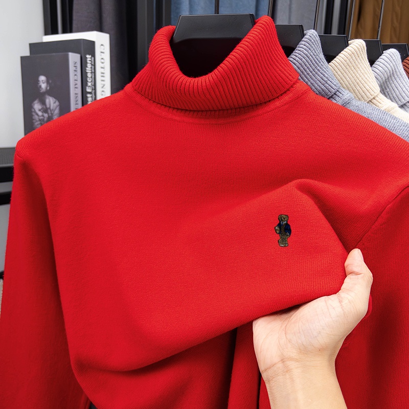 ホットブランド高級男性長袖ニットウェアクマ刺繍ダブルカラー春 - Turtleneck Sweater Men のレビューと価格