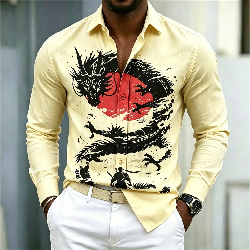 2026年新作 メンズシャツ 白黒赤のコントラスト ドラゴン - Mens Fashion Style のレビューと価格