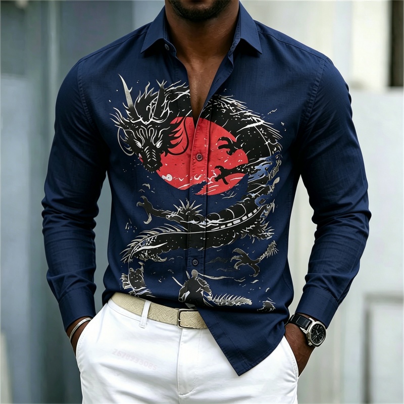 2026年新作 メンズシャツ 白黒赤のコントラスト ドラゴン - Mens Fashion Style のレビューと価格
