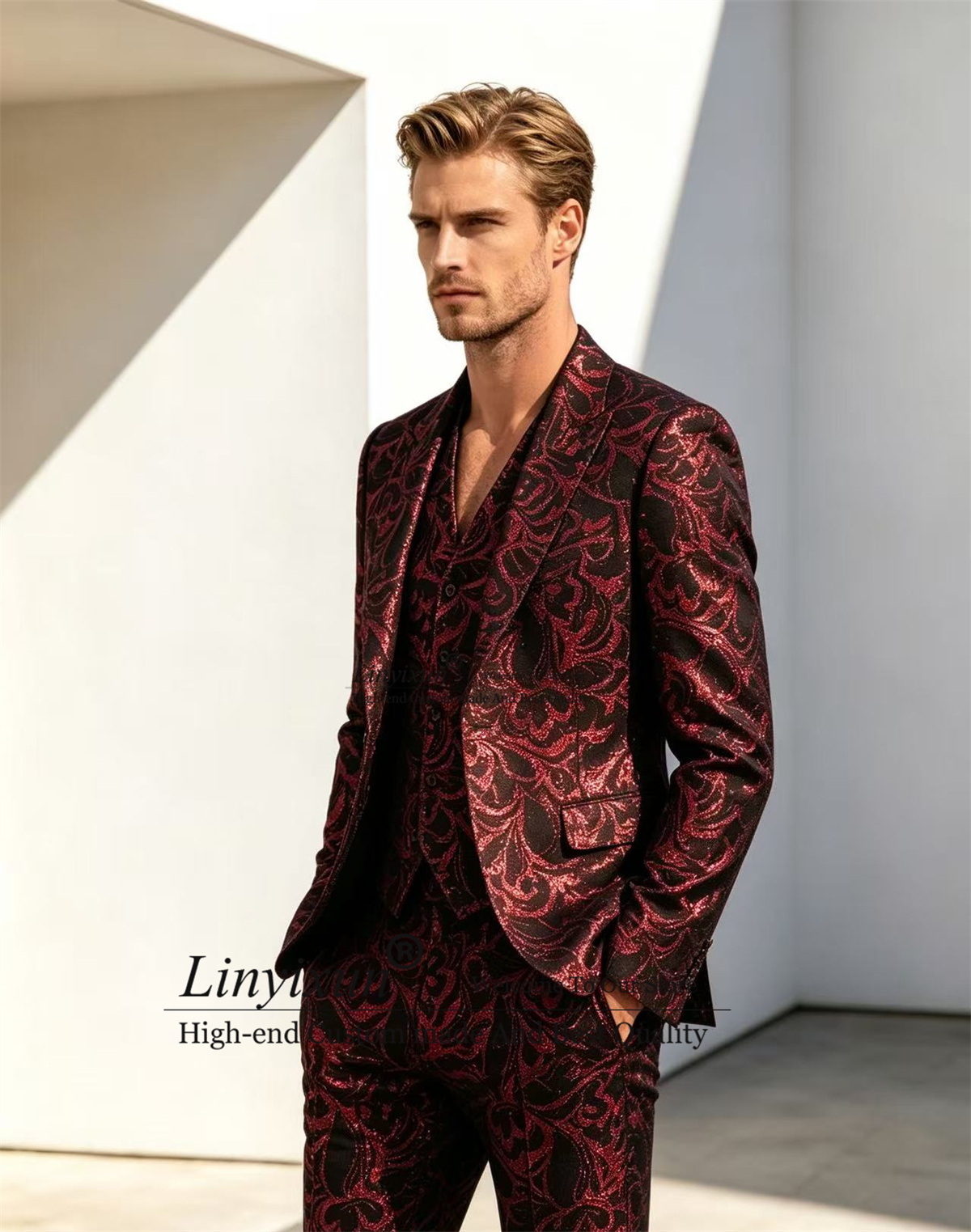 ファッションジャカードメンズスーツ3ピースセット新郎ウェディ - Mens Fashion Trajes のレビューと価格