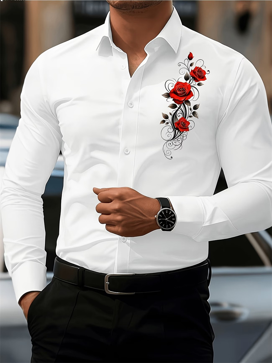メンズ レッドローズプリント 長袖シャツ、ファッショナブルで - Mens Fashion Style のレビューと価格