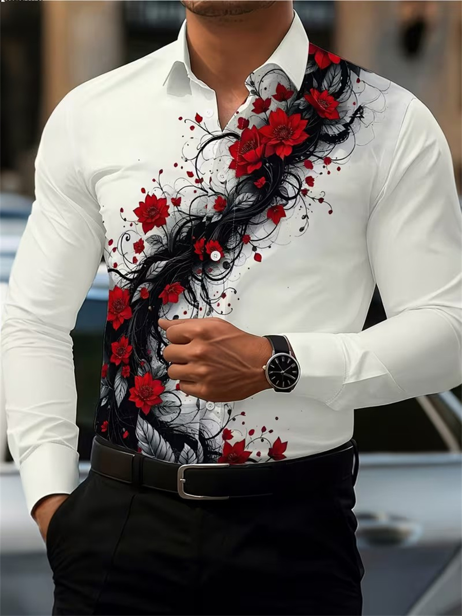 メンズ レッドローズプリント 長袖シャツ、ファッショナブルで - Mens Fashion Style のレビューと価格