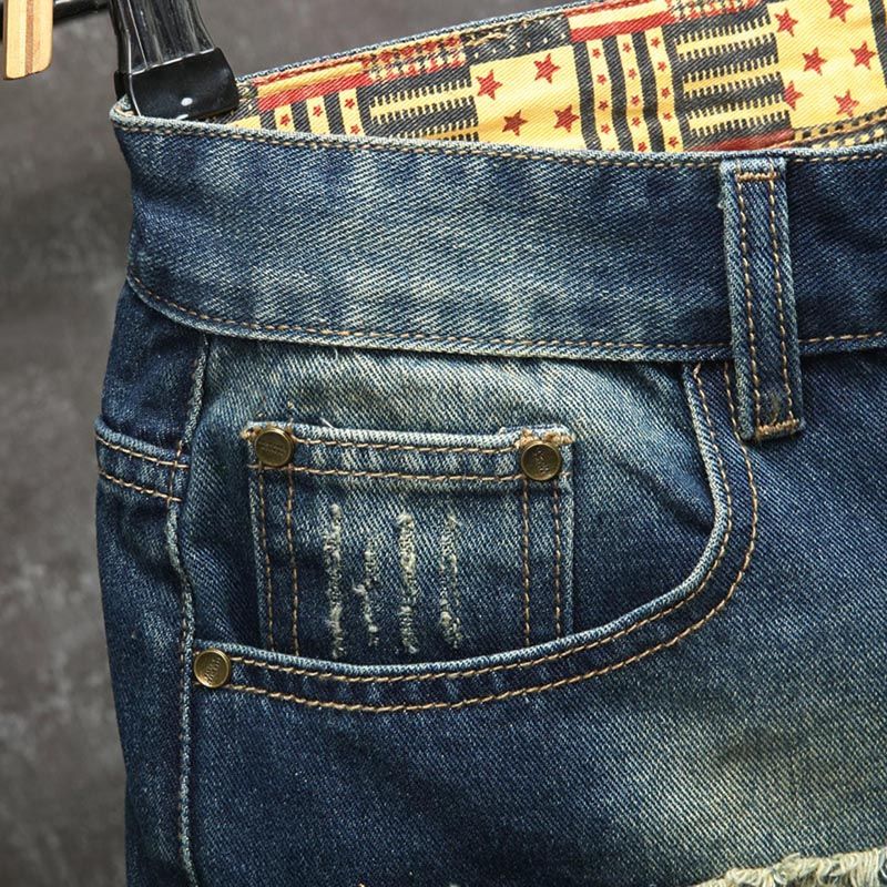 新しい欧米風ダメージ加工刺繍パッチ付き5インチ丈ジーンズメン - Men Fashion Jeans のレビューと価格