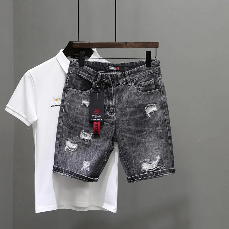 メンズデニムショーツ,黒とグレーのデニムパンツ,伸縮性,ジッ - Men Fashion Jeans のレビューと価格