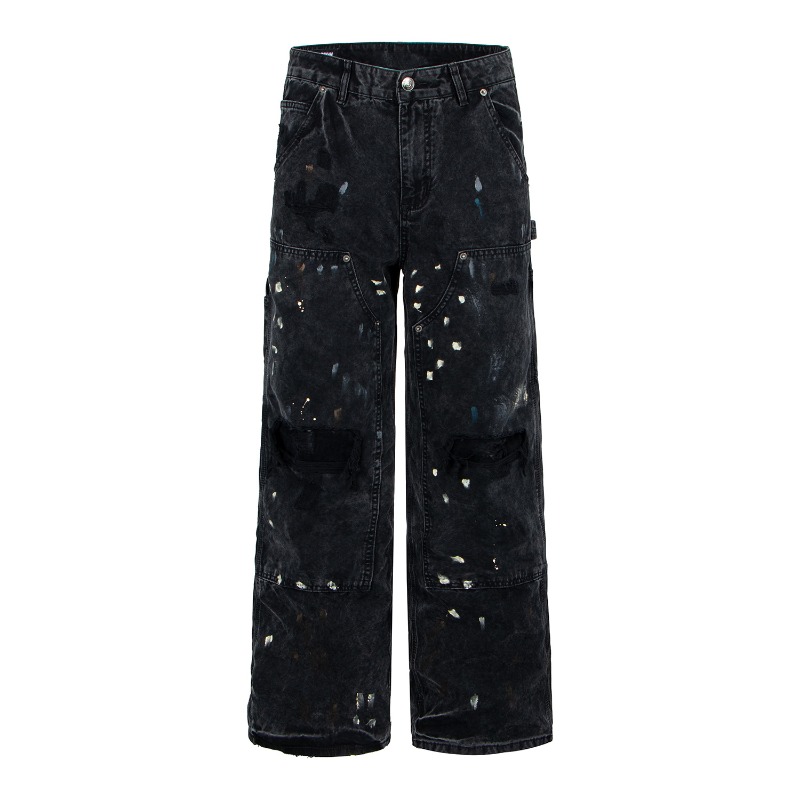 アメリカンレトロハイストリートリップドワイドレッグデニムパン - Men'S Fashion Linen Pants のレビューと価格