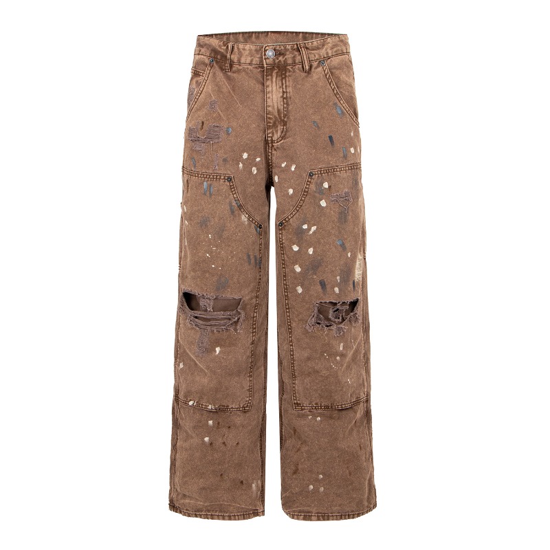 アメリカンレトロハイストリートリップドワイドレッグデニムパン - Men'S Fashion Linen Pants のレビューと価格